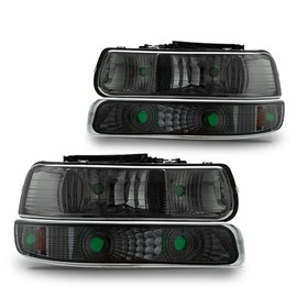 ANDPLAY Headlights Assembly,Compatible with 1999 2000 2001 2002 Chevy Silverado/ 2000-2006 Suburban Tahoe Bumper Headlamp,Smoky lens Chrome Housing Amber Reflector