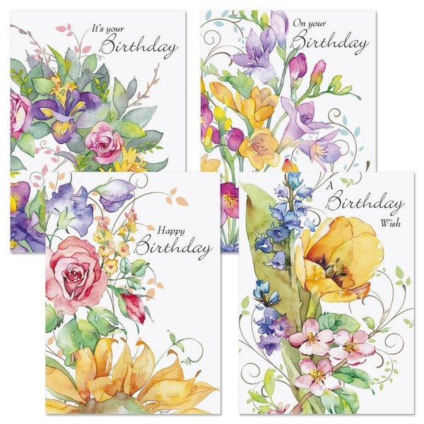 Sweet Remembrances Birthday Greeting Cards - Set of 8 (4 designs), Large 5" x 7", Happy Birthday Cards with Sentiments Inside