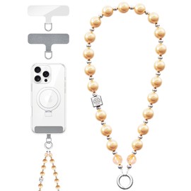 Vihibii Phone Charm with 2* Tether Tab, Stylish Beaded Pearl Phone Wrist Strap, Detachable Phone Lanyard Wrist, Anti-Drop Phone Bracelet Strap for Women Girls, Fashion Phone Chain, Champagne Golden