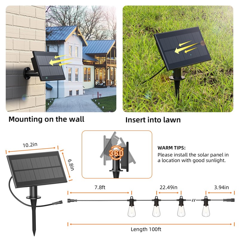 Kawaya Solar-Powered String Lights Outdoor, 100 FT LED USB-Charging Patio