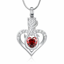 Minicremation Cremation Jewelry Heart Urn Necklace Ashes Jewelry for Women infinitely Cremation Jewelry Birthstone Locket Crystals Ash Loved One Memorial Pendant (Flower-Red)