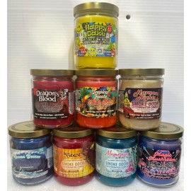 Smoke Odor Exterminator 13 oz Jar Candles Happy Daze, Assorted 8 Includes Happy Daze, Tropical Fiesta, Magic Mushroom, Mesmereyes, Havana Nights, Fierce, Ocean Breeze & Dragon Blood.
