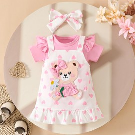 UUAISSO Baby Outfits for Girls with Heart Print Short Sleeve Romper Braces Skirt Bear Dress Bow Headband 0-18 Months, Pink Bear, 3-6 months