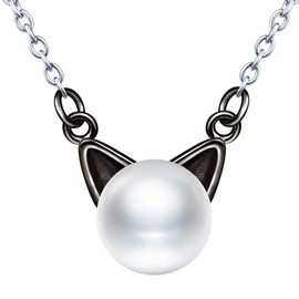 MicLee Women's Necklace 925 Sterling Silver Cute Cat Pearls Pendant Chain Freshwater Cultured Pearls Cat Ears with Gift Bag Super Gift, Silver Pearl, Pearl