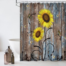 RosieLily Sunflower Shower Curtain, Country Shower Curtain, Rustic Yellow Floral on Brown Door Fall Autumn Farmhouse 72W x 72H inch Shower Curtain with Hooks Western Fabric Waterproof Bath Curtain