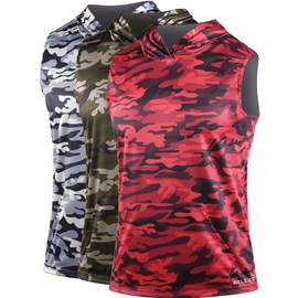NELEUS Men's 3 Pack Running Tank Tops Sleeveless Camo Athletic Shirts with Hoods,5121,Red/Grey/Olive Green, 3 Pack,Small