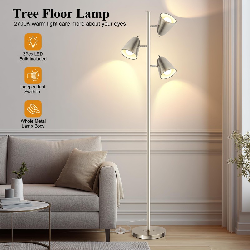 QiMH Tree Floor Lamp with 3 Light Bulbs, Standing Tall