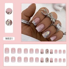 Press on Nails Short,Square Fake Nails Stick on Nails Reusable Glue on Nails for Women Girls DIY Manicure (Pink Glitter)