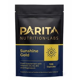 PARITA Sunshine Gold 4-in-1 Vitamin D3 4000 IU with K2 MK-7, B12 & Magnesium Taurate – High Strength Immune & Bone Support – 120 Vegetarian Capsules