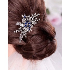 BERYUAN Women Sapphire Crystal Blue Flower Headpiece Leaf Pearl Hair Vine Comb Silver Wedding Hair Accessory Gift for Her Party Headpiece for Bride Bridesmaid Girls (silver)