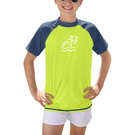 BesserBay Boys' UV Rash Guard Short-Sleeved Swimming Shirt UPF 50+ Children 110-160, Coconut Tree Green