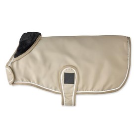 Pet Passion Dog Raincoat Faux Fur Trimmed Lined and Water Resistant Pet Jacket, Khaki, Small