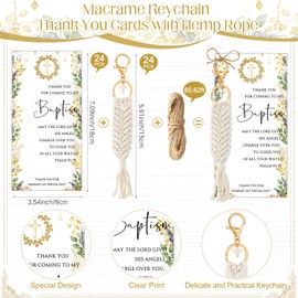Sureio 24 Set Baptism Party Favors Bulk Boho Macrame Keychain with Cross First Communion Keychain Thank You Card with Rope for Guest Baptism Christening Baby Shower Birthday Party Supplies Gifts