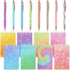 Sherr 16 Pcs Glitter Pens and Notebooks Glitter Pocket Notepad Mini Notebooks for Kids Fancy Pens for Women Colorful Ballpoint Pens Spiral Notepads for Kids School Office Supplies (Macaron Colors)