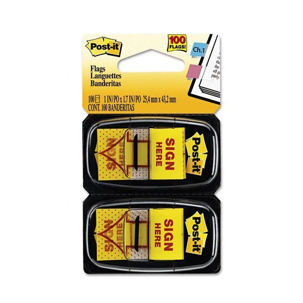 Sign Here Message Flag, 1 quot;x1-3/4 quot;, 100/PK, Yellow