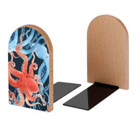 Blue Red Octopus Pattern Book Ends Decorative Wood Bookends for Shelves Kids Room Desk Home Office Book Stoppers for Magazines,Books, DVDs, 1 Pair/2 Pieces(5x3.1 in)