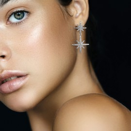 Silver Statement Earrings – Star Earrings – Unique Double Starburst Drop Design – featuring Pave set Cubic Zirconia (CZ) -Designed in USA – Great Gift (Silver)