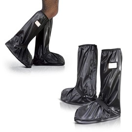 EZGOODZ Waterproof Shoe Covers Reusable 2X-Large, 13.2 Inch Long, 16.1 Inch High, Pack of 40 Black PVC Tear-Resistant Non Slip Shoe Covers for Rain with Side Zip, Buttons, Rubber Soil, Elastic Straps