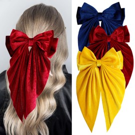 Loqpol 3 PCS Large Velvet Hair Bows, Oversized Long Tail Bows with Aliigator Clips, Coquette Hair Accessories for Women and Girls (Wine Red - Navy Blue - Yellow)