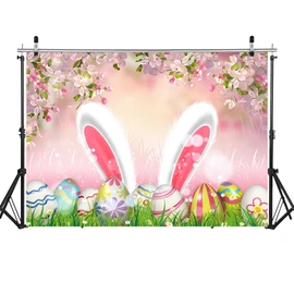 WOLADA Easter Backdrop Pink Easter Backdrop Rabbit Ear Easter Egg Backdrop Children's Easter Grass Easter Egg Backdrop 8x6FT FW89