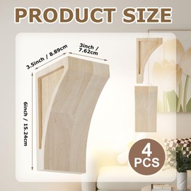 Briwooody 4 Pcs Traditional Wood Brackets 3" W X 3 1/2" D X 6" H Unfinished Hardwood Solid Wood Shelf Decorative Millwork Corbels for Home Cabinet Furniture Support