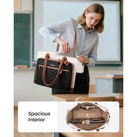 LOVEVOOK Lunch Bag, Tote Bag for Women with Insulated Lunch Compartment, Laptop Bag with Large Capacity & Cup Holder, Work Tote for Teacher, Nurse, Travel, College, Daily, Black-Beige-Brown, 15.6 Inch
