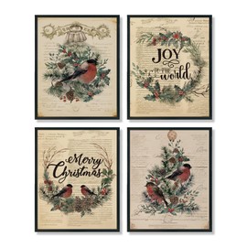 ULEGIE Vintage Merry Christmas Decor Wall Art Prints Set of 4, Merry Christmas Cardinal Birds Wall Decor, Rustic Christmas Wall Decor for Living Room Bedroom, 8x10 Inches Unframed