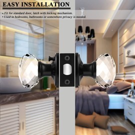 2 Pack Orger Glass Door Knobs for Bedroom and Bathroom, Interior Privacy Door Knobs with Black Finish, Round Clear Crystal Door Handles and Heavy Duty Rosette