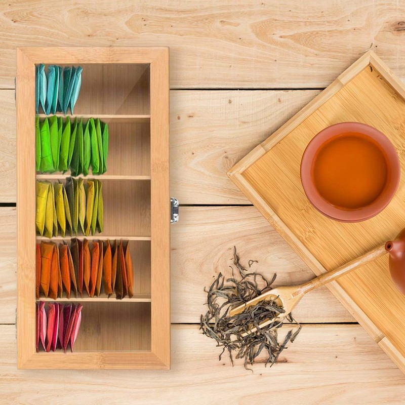 CMOISO Tea Box Bamboo, Tea Storage Box, 5-Compartment Multifunctional Wooden