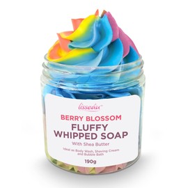 Lisseau Fluffy Whipped Soap with Shea Butter | Berry Blossom | 190g | Ideal as Body Wash, Shower Fluff, Shower Cream, Shaving Cream & Bubble Bath Soap + SOL Sticker
