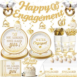 Engagement Party Decorations Gold, Happy Engagement Banner Ring Foil Balloons He Asked She Said Yes Disposable Dinnerware with 2 Pcs Waterproof Engaged Tablecloth Wedding Engagement Party Decor