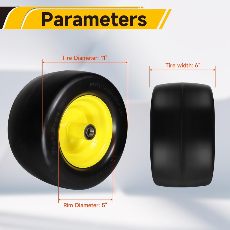 11x6.00-5" Flat Free Tire, Solid Smooth Front Wheel Tire for