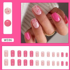 Square Press on Nails Medium Fake Nails Rose Red and Light Pink Full Cover Acrylic Nails Press ons Flower Glue on Nails Glossy False Nails Artificial Stick on Nails for Women 24Pcs