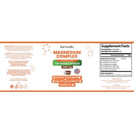 HARMONIFY Magnesium Glycinate Citrate Malate Aspartate Gluconate, 5 in 1 Formula, 120 Purified Veggie Capsule, 1000 mg, Gluten Free, Non-GMO, 60 Days Serving