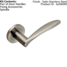 Pair Angular Design Curved Handle - Concealed Fix Round Rose - Satin Steel | Door Handle Lever on Screwless Rose - Internal Door Hardware - Screws, Fixings and Spindle Included