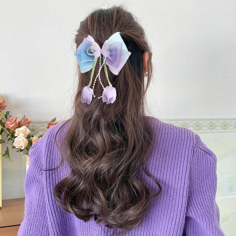 Tulip Flower Hair Bows, Gradient Butterfly Clips, Summer Hair Accessories