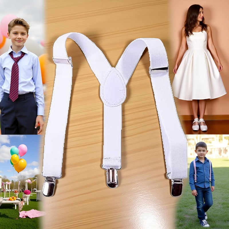 Cauaoa White Kids Adjustable Y-Back Suspenders,Clip on Y-Back Elastic with