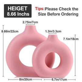 Pink Ceramic Vase Set of 2-2 Round Donut Vase, Modern Pink Vases for Centerpieces, Flower Vase for Decor, Apply to Living Room, Kitchen, Mantle, Bedroom, Dining Table, Office, Farmhouse