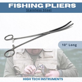 Fishing Pliers Hook Removing Multipurpose Long Reach Tools Curved Serrated Jaws Fly Fish Tying Pliers Locking Ratchet Stainless Steel Salwater, Fresh Water Fishing Outdoor Use (10 Inch)