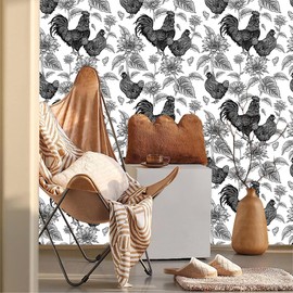 MuralPeel Black and White Rooster Chicken Sunflowers Farm Peel and Stick Wallpaper Self Adhesive Removable Easy Peel Off Stick on Wall Paper for Bedroom Cabinet Renter Friendly