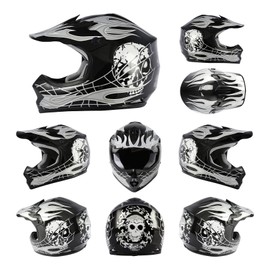 TCMT Dot Youth & Kids Motocross Offroad Street Helmet Motorcycle Youth Helmet Dirt Bike Motocross ATV Helmet+Goggles+Gloves (X-Large, Pattern:Black Skull)