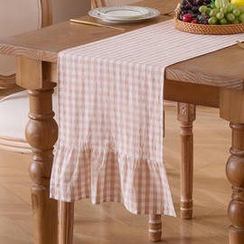 Cobedzy Plaid Gingham Ruffle Table Runner, Pink 13" x 72" Cotton