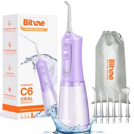 Bitvae Water Dental Flosser Teeth Pick, Cordless Flosser for Travel with 6 Jet Tips, 3 Modes 5 intensities, IPX7 Waterproof Portable & Rechargeable Oral Irrigator Cleaner, Purple