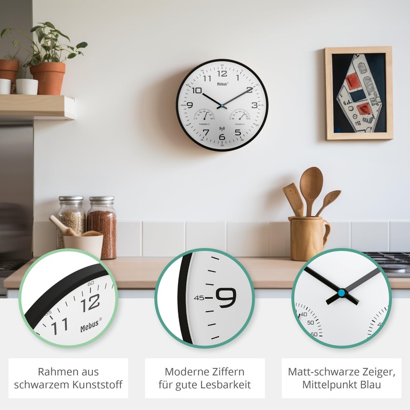 Mebus Modern Radio Wall Clock with Temperature Display and Humidity,