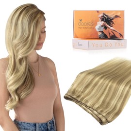 DOORES Real Human Hair Extensions, Light Blonde Highlighted Golden Blonde 14 Inch 100g, Straight Sew in Weft for Women
