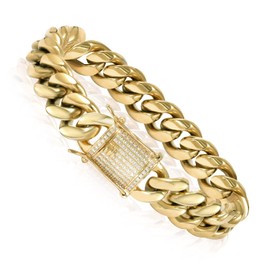 GOLD IDEA JEWELRY 14k Gold Plated Stainless Steel Thick Miami Cuban Link Chain with Lab Diamond Clasp Men's Hip Hop Necklace or Bracelet (14k-gold-plated(8mm wide), 8.5)