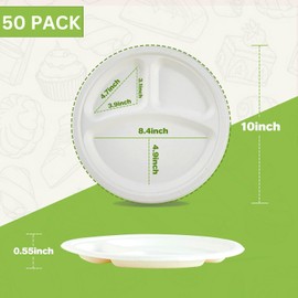 Ask Packaging 50 Pack 100% Compostable 3 Compartment Plates – 10 inch Heavy-Duty Disposable Biodegradable Paper Plates – Eco-Friendly Bagasse Large Dinner Plates for Parties Christmas Daily Meals BBQ