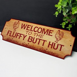 Red Ocean Funny Chicken Coop Welcome Sign 'The Fluffy Butt Hut' Novelty Hen House Farm Outdoor Plaque For Garden Yard Humourous Pet Chicken Gifts 30x10cm Sign