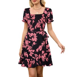 Berydress Womens Smocked Wrap Dress Square Neck Short Sleeve Aline Casual Summer Floral Ruffle Black Women Beach Fashion Dress(M,6279-Blk Flo)