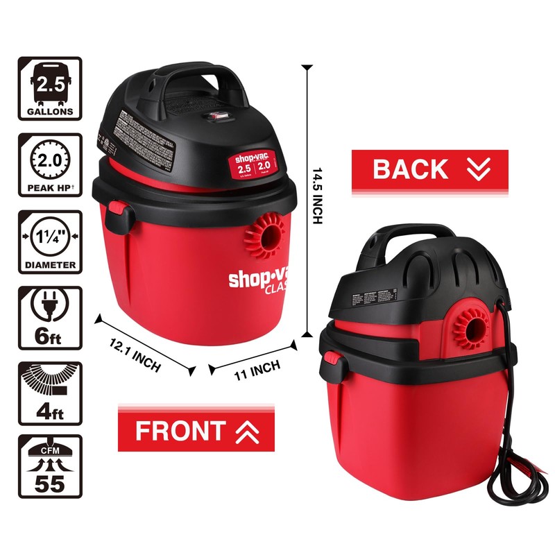 Shop-Vac 2.5 Gallon 2.0 Peak HP Wet/Dry Vacuum, Portable Compact